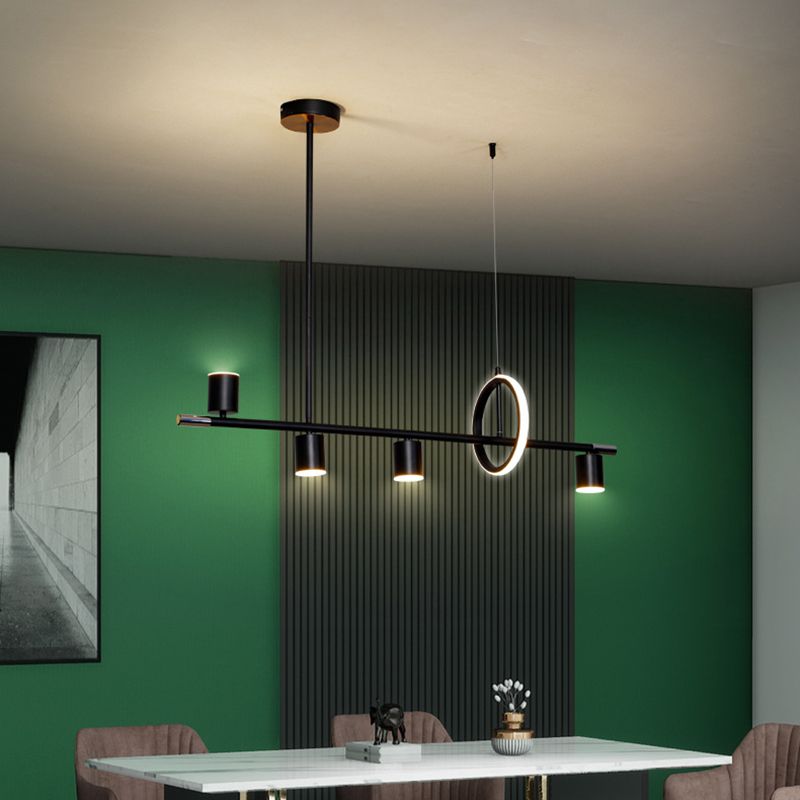 Cylinder and Ring Island Lamp Modern Metal 6-Light Restaurant Pendant Light in Black