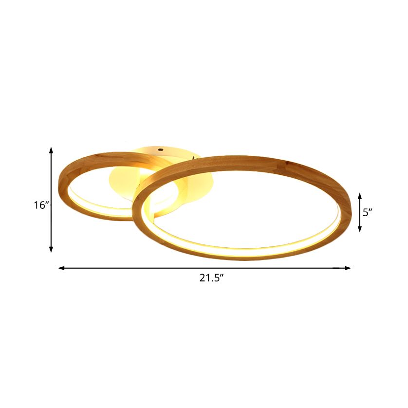 2-Tier Ring Wood Semi Flush Lamp Modern Led Brown Flush Semi Ceiling Light for Bedroom in Warm Light, 21.5"/28" Wide