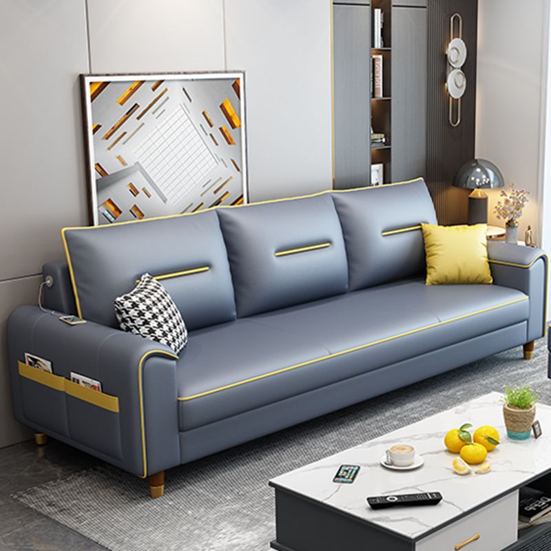Nordic Leather Sofa with Bolster Pillows Single Cushion Seat Square Arm for Living Room