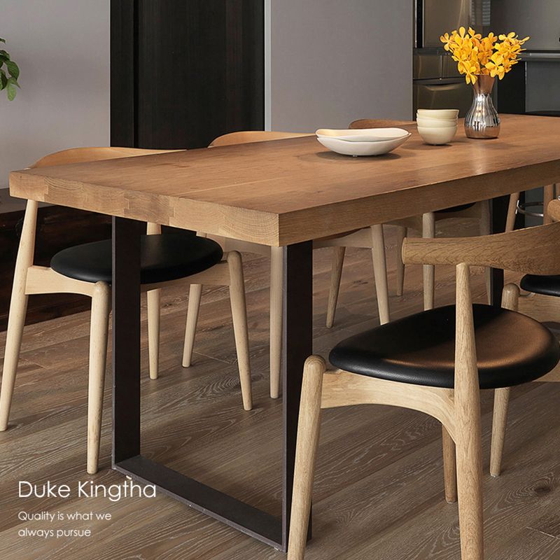 Modern Style Fixed Solid Wood Dining Room Table with 2 Black Metal Legs Kitchen Set
