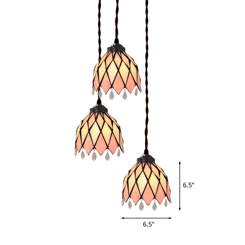 Victorian Bowl/Morning Glory Hanging Light Kit 3 Lights Pink Stained Glass Cluster Pendant for Dining Room