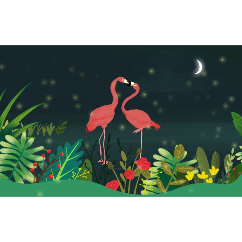 Illustration Style Flamingo Mural Giant Wall Covering for Dining Room, Made to Measure