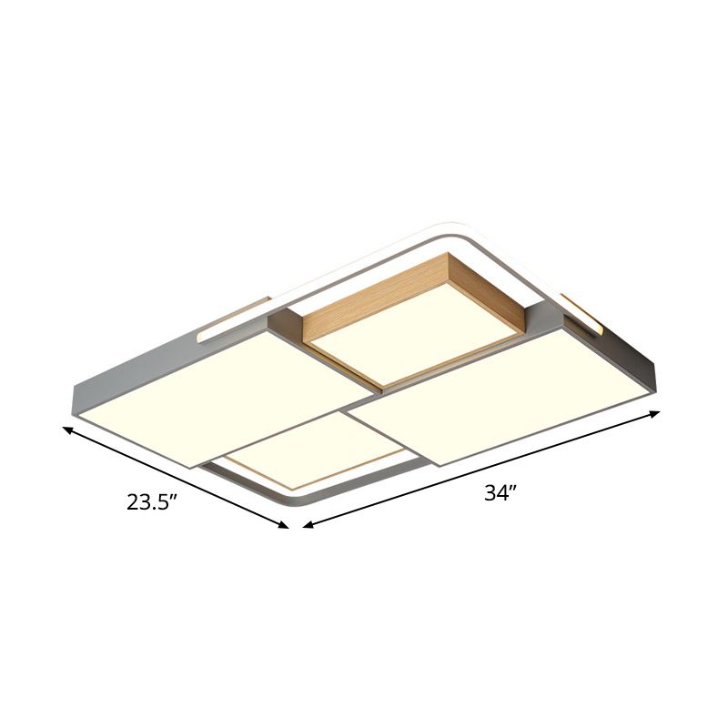 20.5"/34" Wide Nordic LED Ceiling Light Acrylic Grey and Wood Square/Rectangle Flush Mount with Grid Design, Warm/White Light