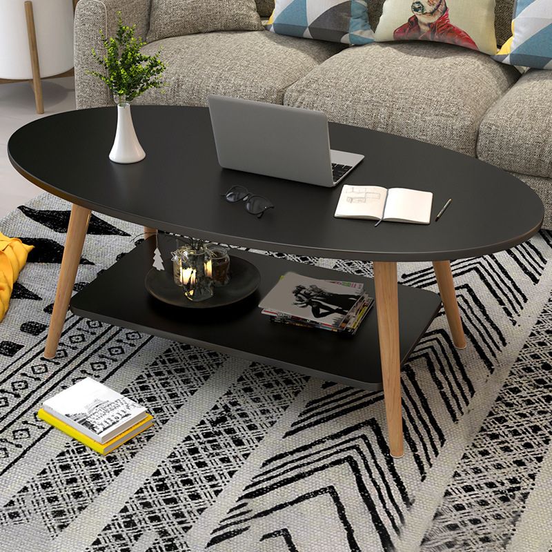Modern Oval Solid Wood Coffe Table with Storage Shelf and 4 Legs