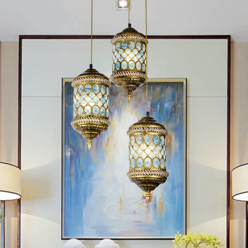 Cylindrical Metal Multi Pendant Light Art Deco 3 Heads Dining Room Ceiling Lamp Fixture in Red/Blue/Yellow