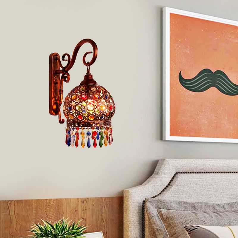 1 Bulb Globe Wall Sconce Decorative Brass/Copper Metal Wall Light Fixture with Dangling Crystal for Bedroom