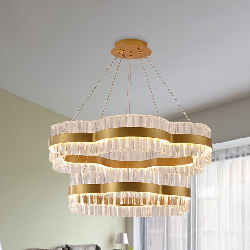 1/2 Tiers Flower Living Room Ceiling Chandelier Crystal 23.5"/31.5" Wide Led Minimalist Hanging Light Kit in Black/Gold