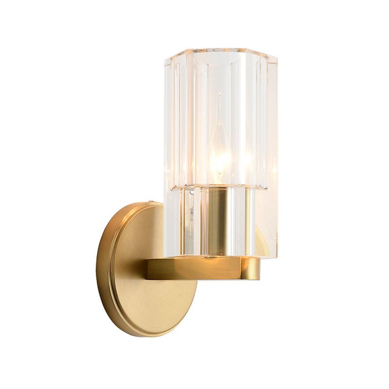 1 Head Bedside Wall Lighting Ideas Modernism Brass Wall Mount Lamp with Cylindrical K9 Crystal Shade