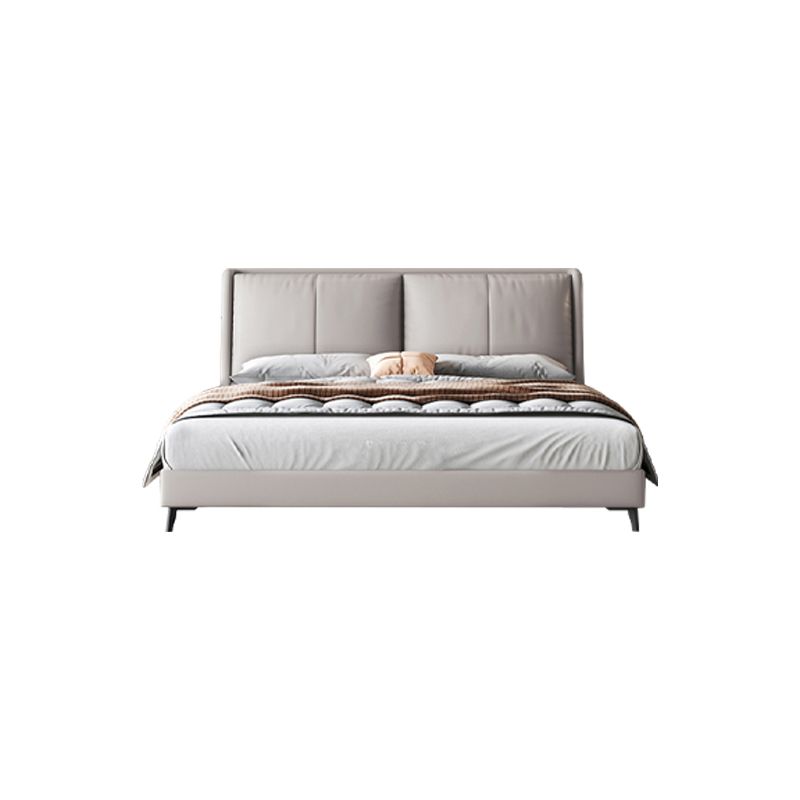 Modern Pine Wood Panel Bed Genuine Leather Bed Frame with Upholstered Headboard