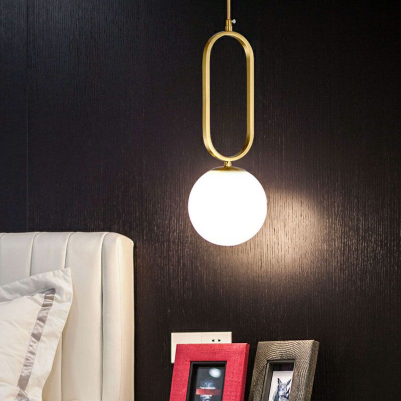 Ball Living Room Suspension Lamp Ivory Glass Single Simple Pendant Light with Oval Ring in Gold