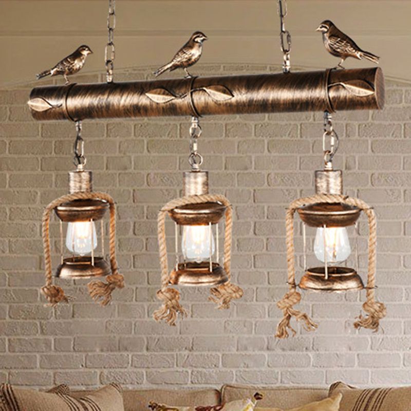 Metal Caged Island Pendant Light Coastal Style 3 Light Kitchen Hanging Lamp in Bronze/Weathered Copper with Bird