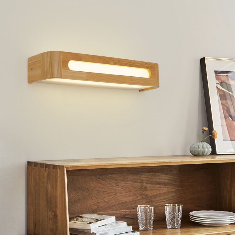 Square Shape Wood Wall Sconce Modern Style 1-Light Mirror Wall Light Fixtures in Brown