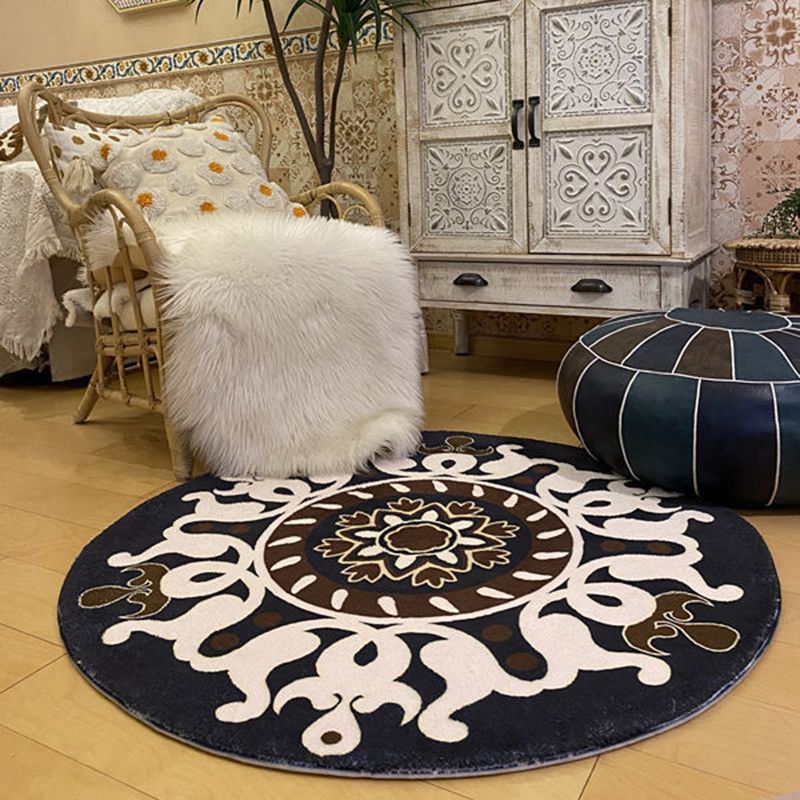 Black Bohemian Rug Polyester Graphic Rug Non-Slip Backing Rug for Drawing Room