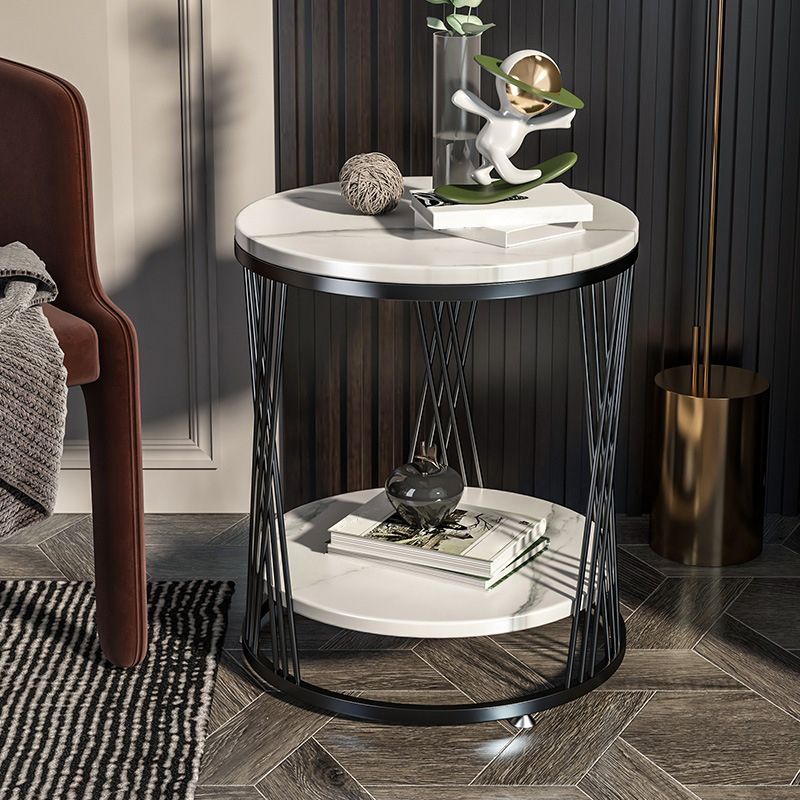 Modernistic Marble Frame with Shelf Round Double Tier Living Room End Table