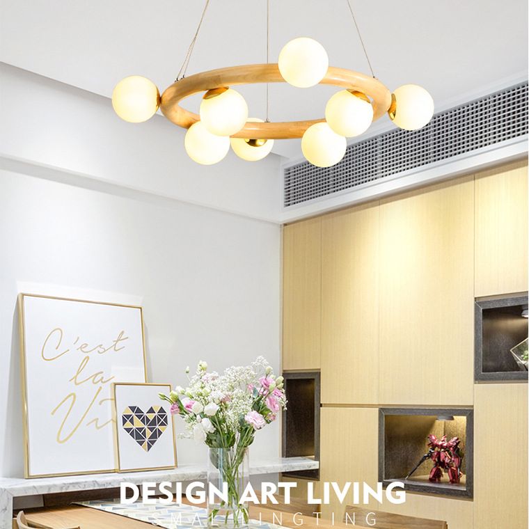 Moderno lampadario a legna a soffitto circolare creativo con tonalità di vetro bianco