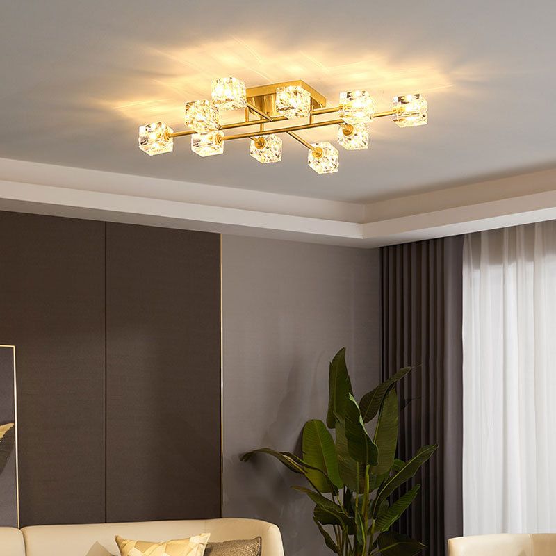 Zeitgenössischer Würfel Flush Light Crystal Flush Mount Deckenbestand in Gold