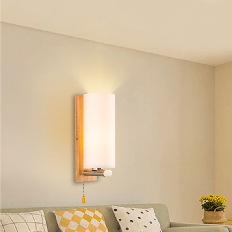 Cylindrical Bedside Wall Mounted Light White Glass Single Simplicity Wall Sconce Lighting with Pull Chain