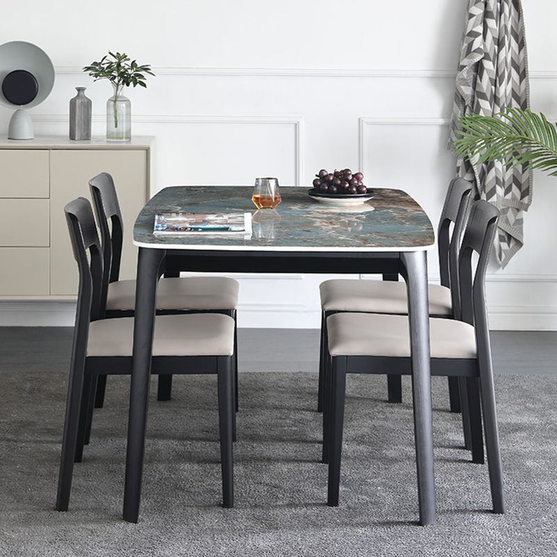 Sintered Stone Top Blue Table Modern Dining Table with Wooden Base and 4 Legs