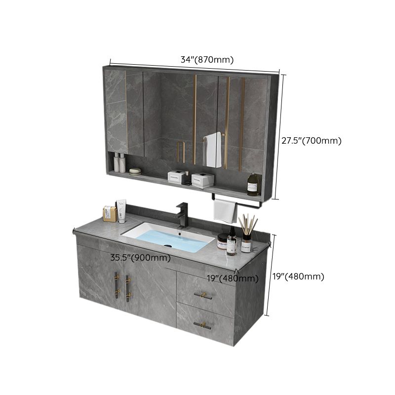 Stone Top Vanity Set Single Sink Mirror Drawers Wall-Mounted Rectangle Vanity with 2 Doors