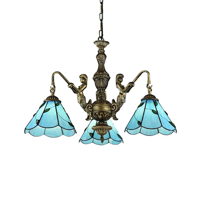 3/5 luci illuminazione lampadario illuminazione Tiffany conico con vetrate piena di soffitto in blu con design della sirena