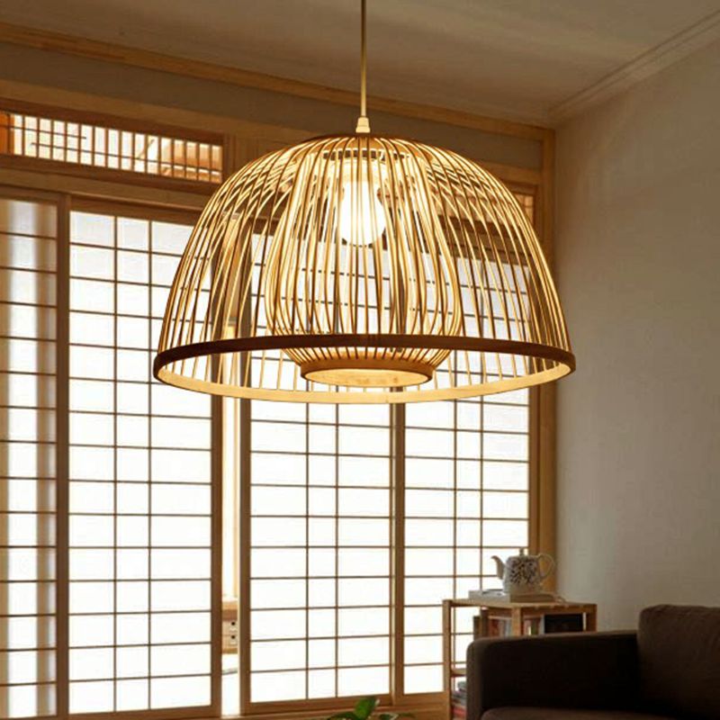 Wood Domed Ceiling Hang Light Modern 1 Head Bamboo Suspension Lamp with Cage Inner