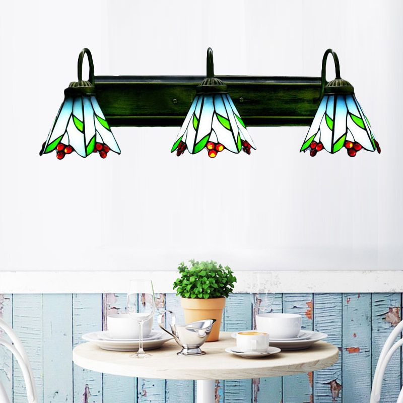 Blue Lily Sconce Light Tiffany 3 Heads Multicolor Stained Glass Wall Mounted Light for Living Room