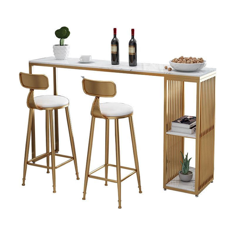 Glam Rectangle Faux Marble Bistro Table Iron Double Pedestal Bar Dining Table with 2-Shelf