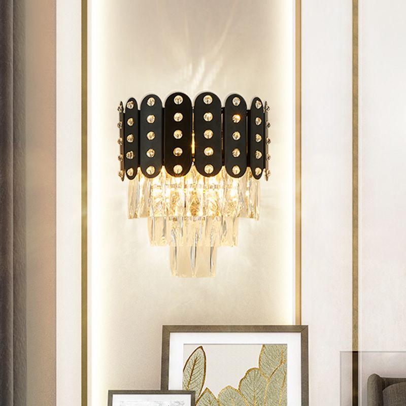 3 Lights 3 Tiers Wall Mounted Light Clear Faceted Crystal Contemporary Wall Lighting in Black