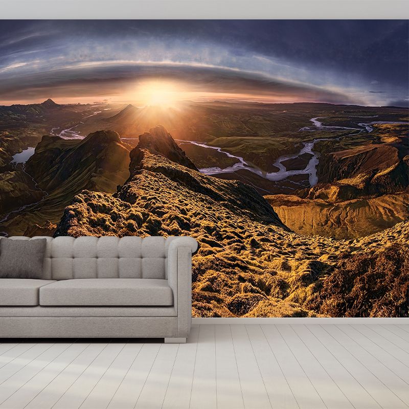 Huge Landscape Wall Mural Decal Above Bed Sunset Mountain with Meandering River Wall Decor in Brown, Washable