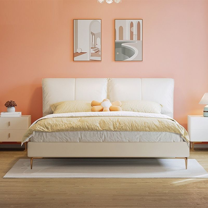 Glam Cream Bed Frame Genuine Leather Upholstered Standard Bed with Storage