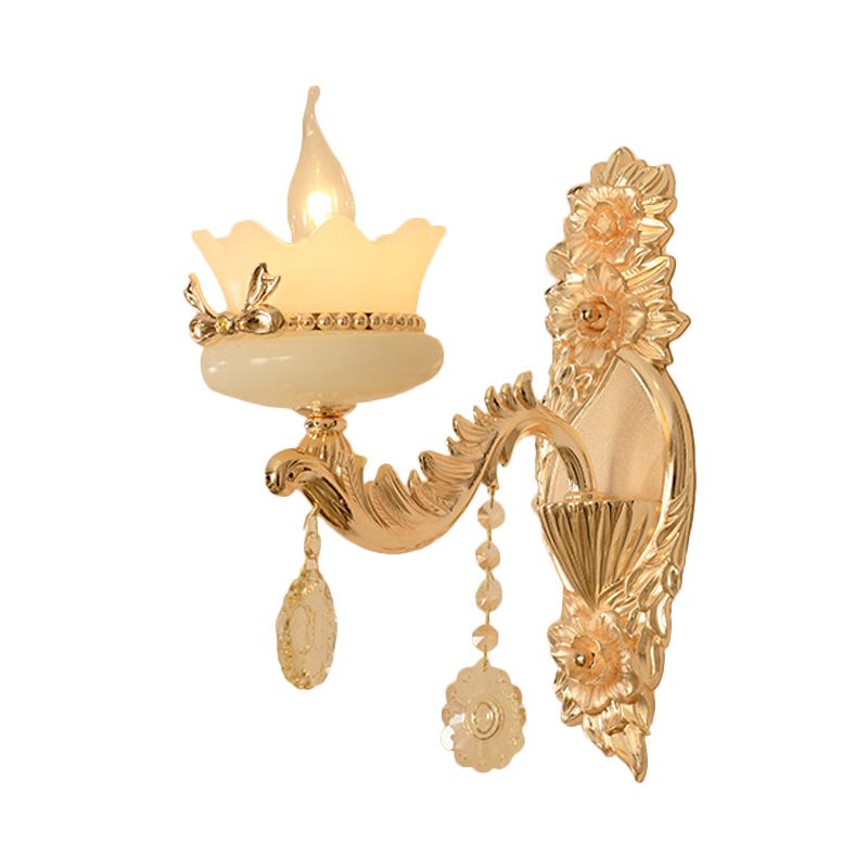 Scalloped Frosted Glass Wall Lighting Retro 1/2-Light Living Room Sconce with Brass Carved Arm
