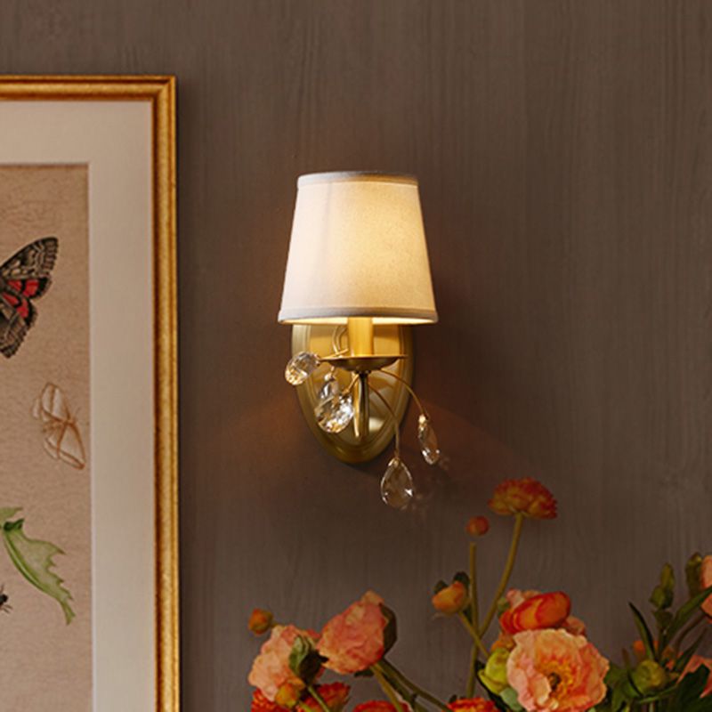Conical Bedroom Wall Light Sconce Traditional Faceted Crystal 1 Head Brass Wall Lighting Fixture with White Fabric Shade