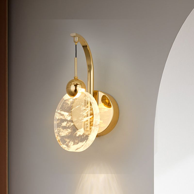 Round Corridor Wall Lighting Clear Crystal LED Minimalism Wall Mounted Light with Bent Arm in Gold