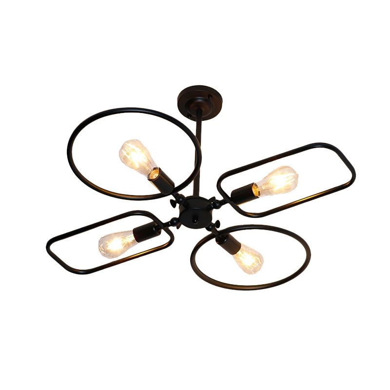 Simple Ring and Rectangle Ceiling Lamp Metal 4 Lights Black Ceiling Mount Light for Living Room