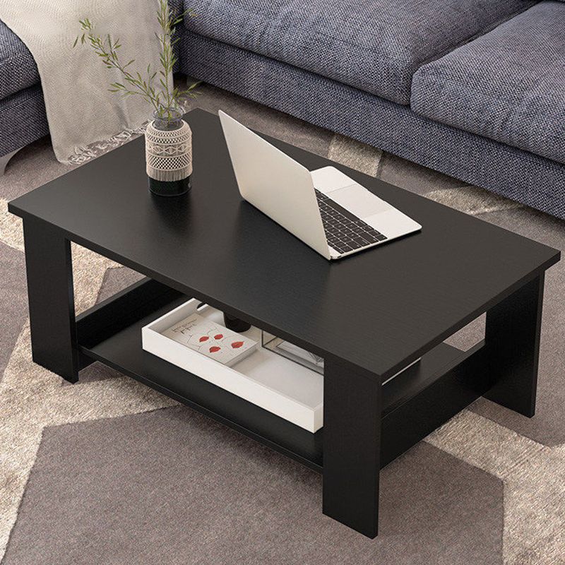 Modern Rectangle Coffee Table with Storage Shelf and 4 Wooden Legs
