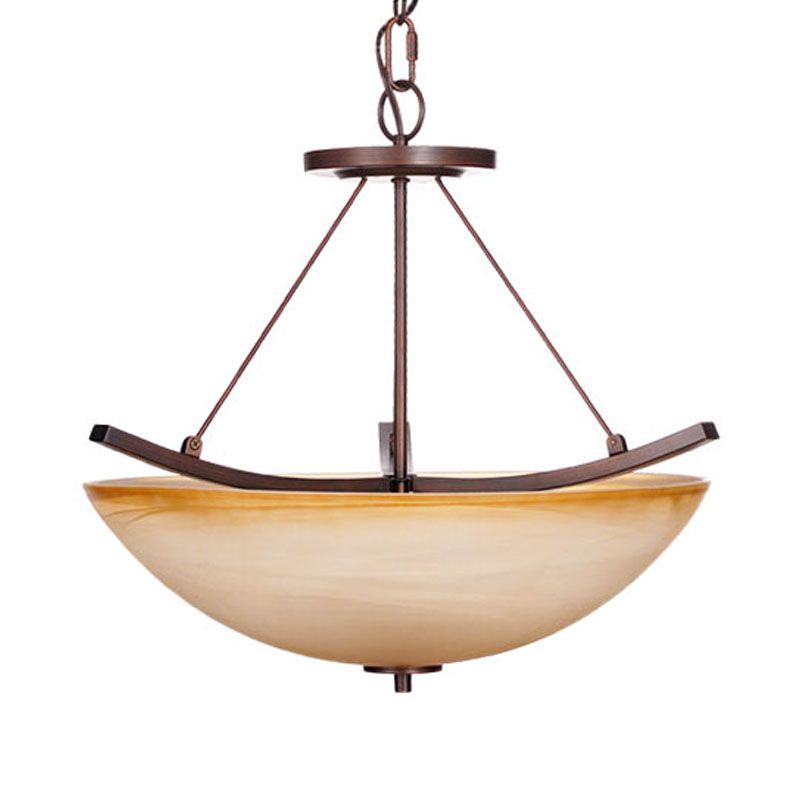 3 Lights Bowl Chandelier Light Traditional Beige Glass Suspension Lighting for Corridor
