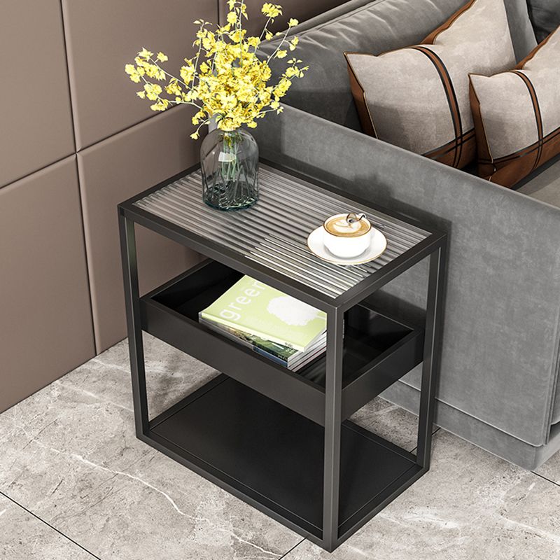 Glass Top Sofa Side Accent Table 21.25" High Frame End Table with Shelves