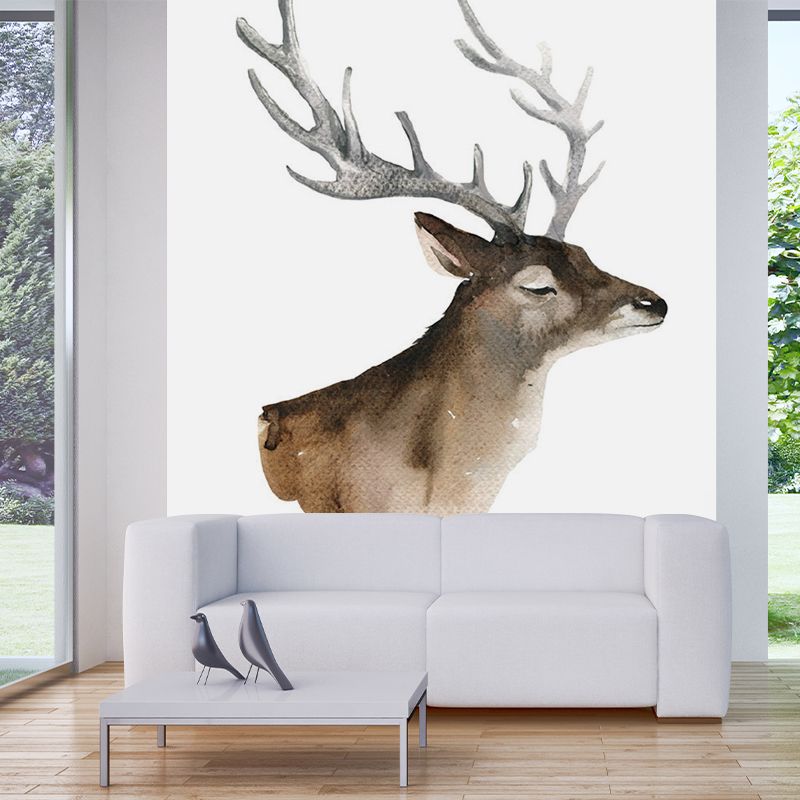 Brown Deer Head Painting Murals Wallpaper Stain-Resistant Wall Decoration for Living Room