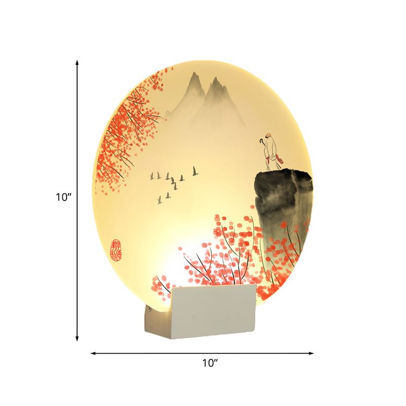 LED -muurschilderlamp met oosterse stijl met acryl schaduw Witte cirkelvormige berg- en bloemwandgemonteerde verlichting