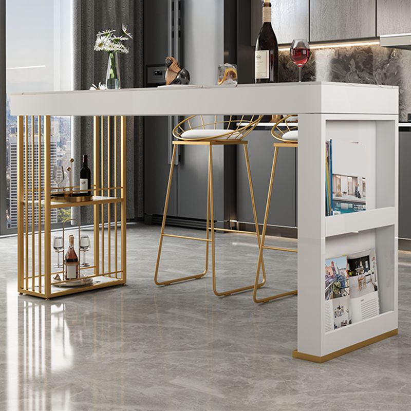 Glam Sintered Stone Bistro Bar Table Rectangle Metal Base Bar Table with Shelves