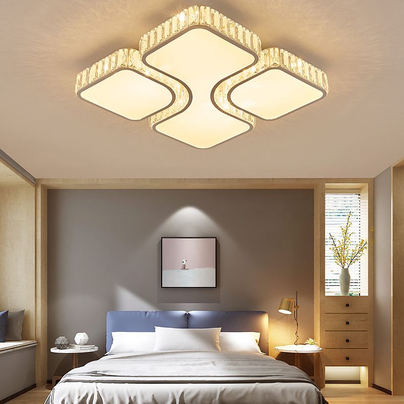 White Quadrangle Flush Light Contemporary LED Acrylic Flush Mount Light with Inlaid Crystal