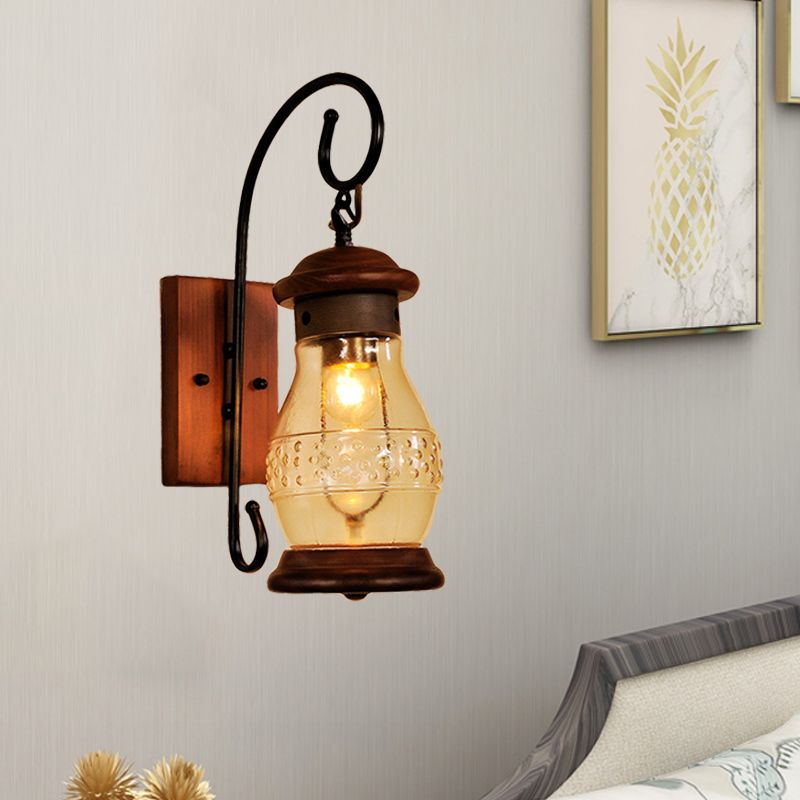 Copper Bottle Wall Sconce Light Industrial Tan Glass 1-Head Bedroom Wall Lamp with Curved Arm