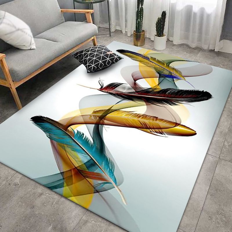 Multicolor Modern Area Carpet Polyester Feather Print Indoor Rug Easy Care Carpet for Living Room