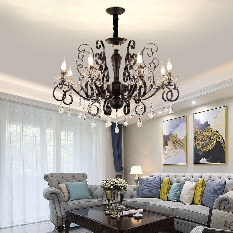 Black American Rustic Style Large Chandelier Vintage Candlestick Design Metal Pendant Light with Crystal Drops