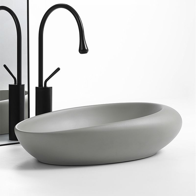 Modern Vessel Bathroom Sink Porcelain Oval with Pop-Up Drain and Faucet Wash Stand