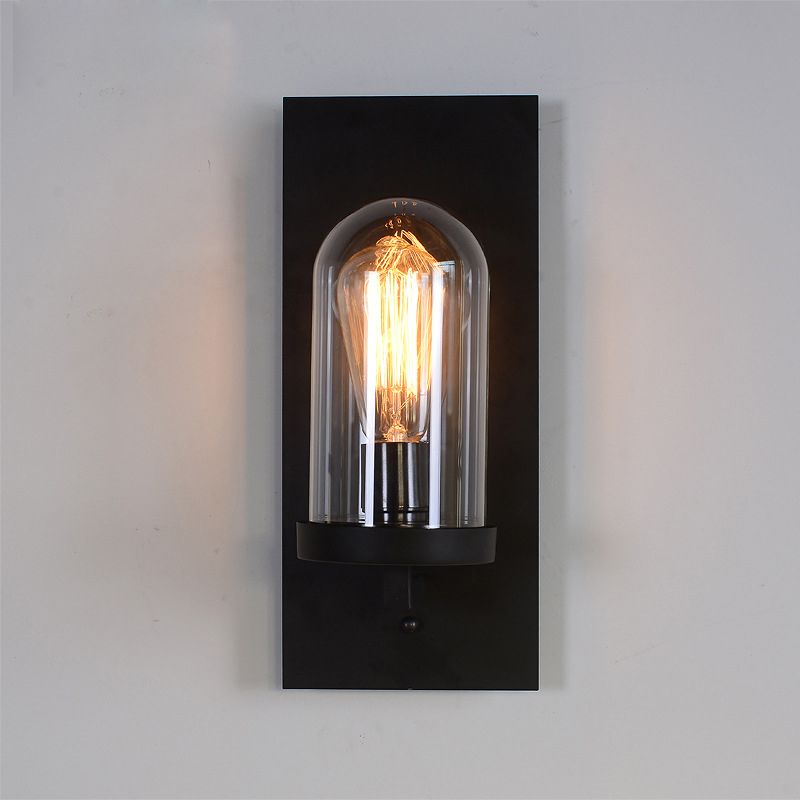 Black Rectangular Wall Light Sconce Retro Metal 1 Head Foyer Wall Lamp with Cloche Clear Glass Shade