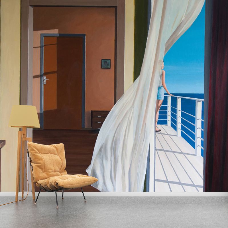 Artistry Sea Balcony Wall Murals Blue-Brown Waterproofing Wall Decor for Bedroom