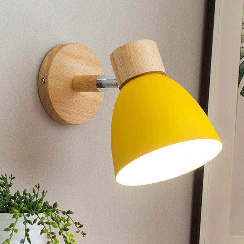 Metal Flare Wall Lighting Modern 1 Head Sconce Light Fixture in Yellow with Circle Wood Backplate