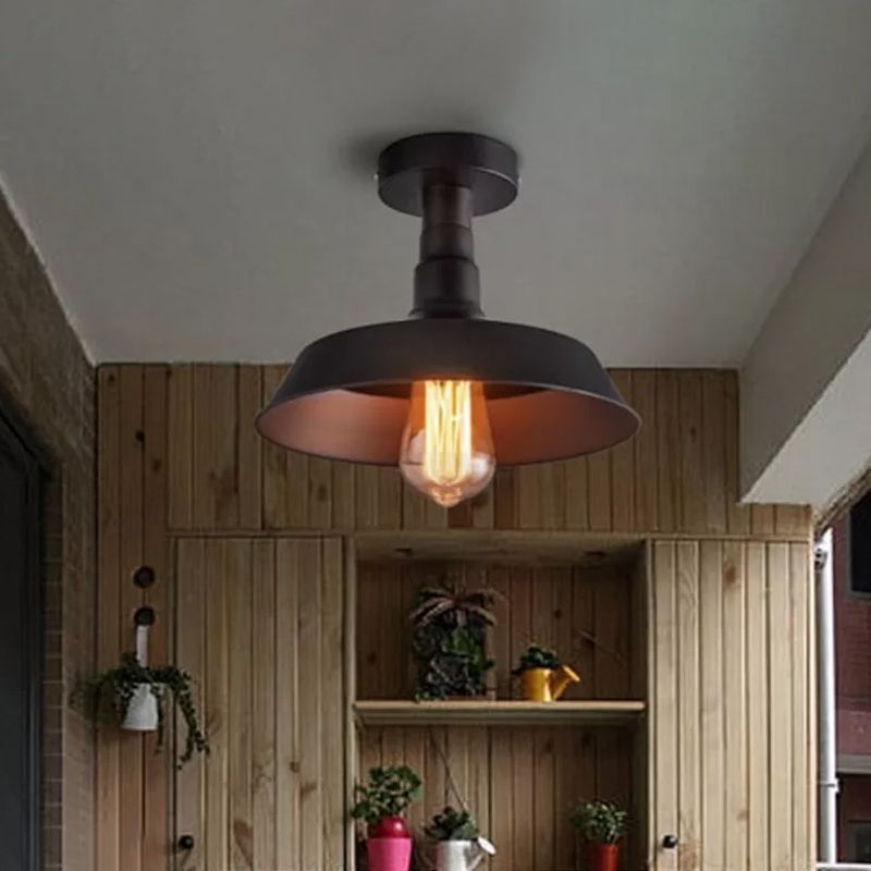 Barn Washroom Flushmount Lighting Rustic Iron Single Bulb Black Semi Flush Mount Ceiling Light