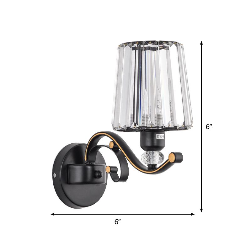 1/2-Bulb Tapered Sconce Lamp Modern Black Crystal Block Wall Light Fixture for Living Room